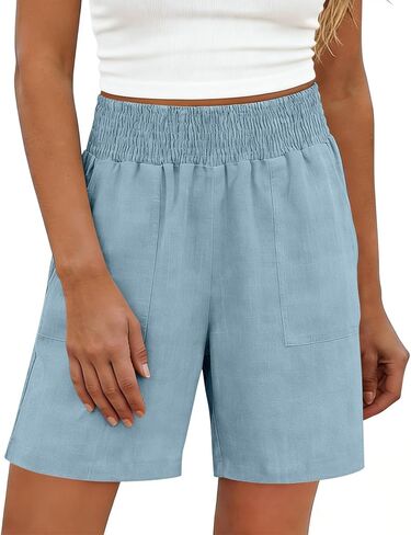 Linen Shorts for Women Summer Wide Leg Smocked Waist Bermuda Shorts Vacation Boho Beach Short Lounge Dress Short in Saudi Arabia