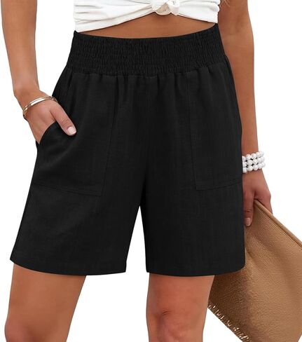 Linen Shorts for Women Summer Wide Leg Smocked Waist Bermuda Shorts Vacation Boho Beach Short Lounge Dress Short in Saudi Arabia
