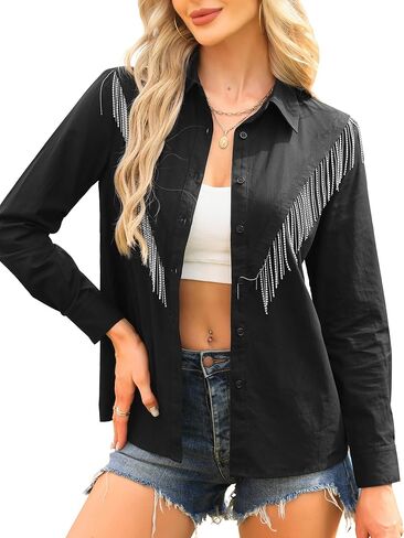 Allegra K Fringe Button Down Shirt for Women's Long Sleeve Sparkle Tassel Western Cowgirl Outfits in Saudi Arabia