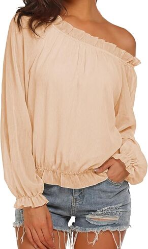 Astylish Blouses for Women Dressy Casual Long Sleeve Ruffle Patchwork Off Shoulder Business Work Tops in Saudi Arabia