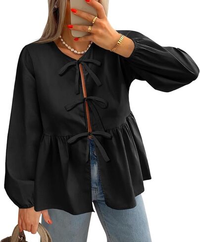 Tankaneo Womens Long Sleeve Babydoll Tops Tie Front Blouses Peplum Cute Flowy Shirts in Saudi Arabia