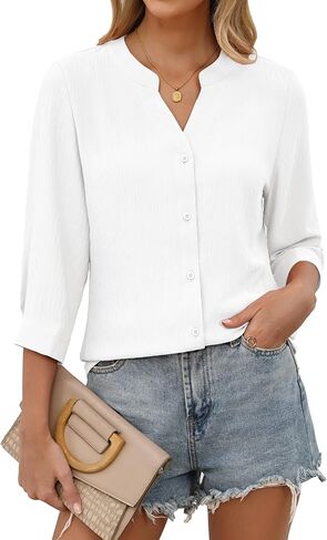 Womens Button Down 3/4 Sleeve Business Casual Dress Shirts V Neck Tops 2026 Summer Dressy Casual Loose Work Blouses in Saudi Arabia