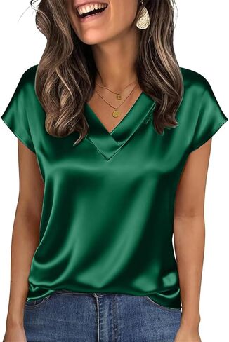 Tops for Women Silk Satin Cap Short Sleeve Blouse V Neck Shirts Business Casual Outfits in Saudi Arabia