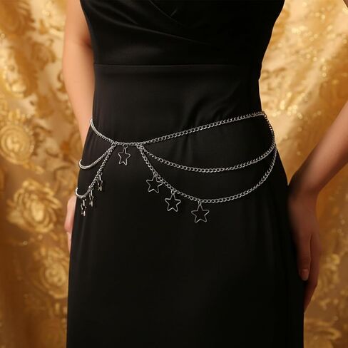Silver Star Waist Chain Belt - Gothic Punk Double Layer Body Chain with Tassel for Women and Girls in Saudi Arabia
