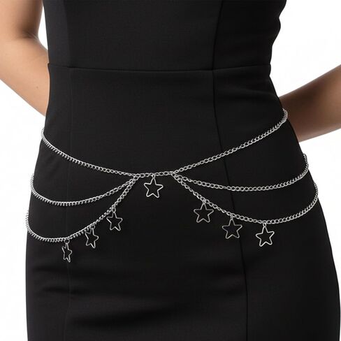 Silver Star Waist Chain Belt - Gothic Punk Double Layer Body Chain with Tassel for Women and Girls in Saudi Arabia