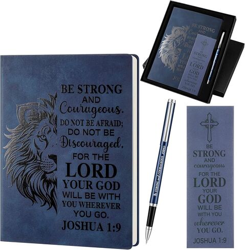 Fuyoooo 4 Pcs Christian Gifts for Men Father's Day Pastor Appreciation Gifts Vintage Leather Hardcover Notebook 1 Timothy 6:11 Religious Bible Verse Pen Joshua 1:9 Bookmark & Box(Lion,Blue) in Saudi Arabia