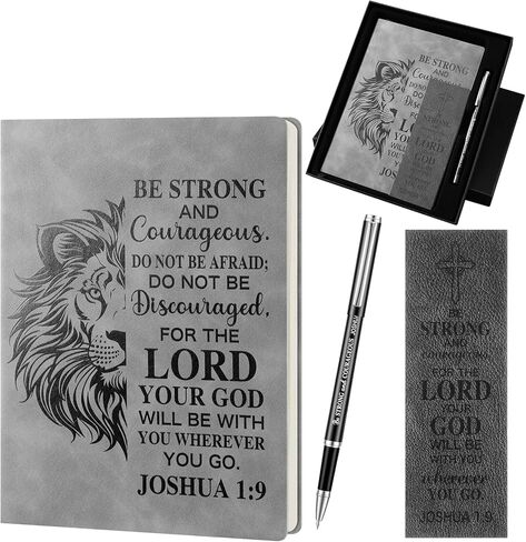 Fuyoooo 4 Pcs Christian Gifts for Men Father's Day Pastor Appreciation Gifts Vintage Leather Hardcover Notebook 1 Timothy 6:11 Religious Bible Verse Pen Joshua 1:9 Bookmark & Box(Lion,Blue) in Saudi Arabia