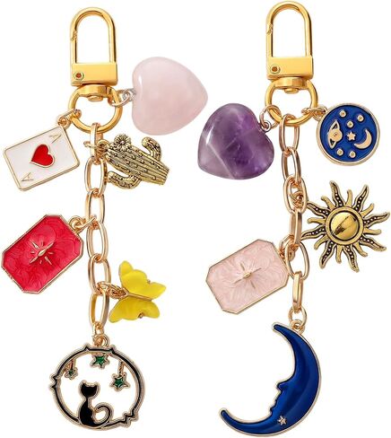 2 Pcs Boho Sun and Moon Purse Charms Crystal Heart Bag Charms Keychain Mystical Bohemian Style Keychain for Women Men Valentine's Day Gifts Handbags & Backpack Car Key Purse Bag Decoration in Kuwait