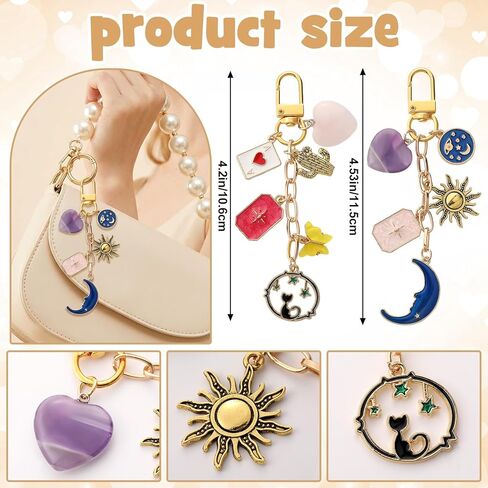 2 Pcs Boho Sun and Moon Purse Charms Crystal Heart Bag Charms Keychain Mystical Bohemian Style Keychain for Women Men Valentine's Day Gifts Handbags & Backpack Car Key Purse Bag Decoration in Kuwait