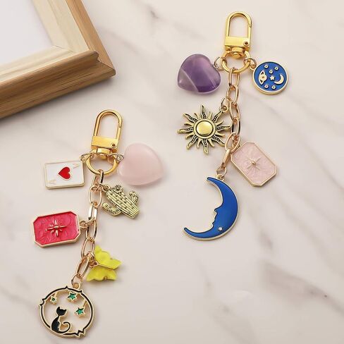 2 Pcs Boho Sun and Moon Purse Charms Crystal Heart Bag Charms Keychain Mystical Bohemian Style Keychain for Women Men Valentine's Day Gifts Handbags & Backpack Car Key Purse Bag Decoration in Kuwait