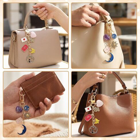 2 Pcs Boho Sun and Moon Purse Charms Crystal Heart Bag Charms Keychain Mystical Bohemian Style Keychain for Women Men Valentine's Day Gifts Handbags & Backpack Car Key Purse Bag Decoration in Kuwait