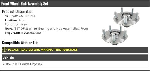 مجموعة تجميع محور العجلات الأمامية مكونة من قطعتين - متوافقة مع هوندا أوديسي 2005-2011 in Kuwait