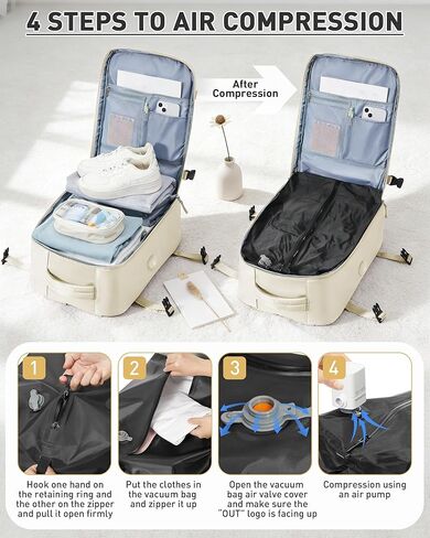حقيبة ظهر WONHOX بختم فراغ للسفر مع مضخة هواء مضغوطة، حقيبة نهارية، منتج شخصي يمكن حمله أثناء الطيران، حقيبة كمبيوتر محمول موفر للمساحة، تخزين مع نظام تفريغ، حقيبة سفر للنساء والرجال، بيج in Kuwait