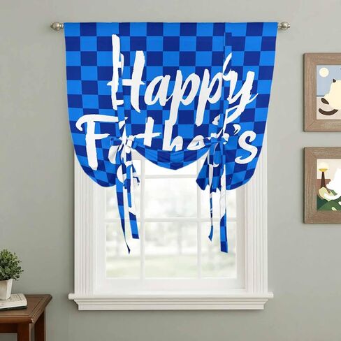 Happy Father's Day Tie Up Curtains for Window, Blue Checkered Plaid Thermal Insulated Balloon Shade Adjustable Rod Pocket Curtains Valance Panels for Kitchen Bathroom Café 42'' x 54'' in Saudi Arabia