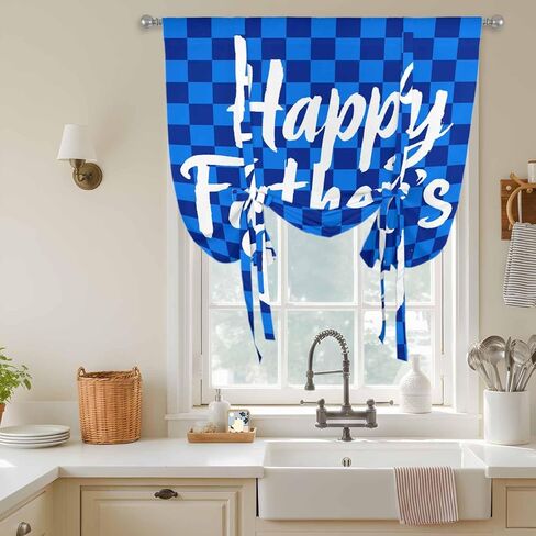 Happy Father's Day Tie Up Curtains for Window, Blue Checkered Plaid Thermal Insulated Balloon Shade Adjustable Rod Pocket Curtains Valance Panels for Kitchen Bathroom Café 42'' x 54'' in Saudi Arabia
