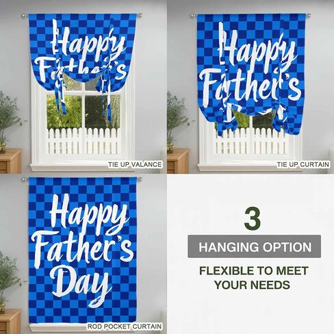 Happy Father's Day Tie Up Curtains for Window, Blue Checkered Plaid Thermal Insulated Balloon Shade Adjustable Rod Pocket Curtains Valance Panels for Kitchen Bathroom Café 42'' x 54'' in Saudi Arabia