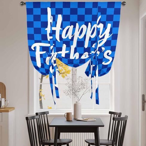 Happy Father's Day Tie Up Curtains for Window, Blue Checkered Plaid Thermal Insulated Balloon Shade Adjustable Rod Pocket Curtains Valance Panels for Kitchen Bathroom Café 42'' x 54'' in Saudi Arabia