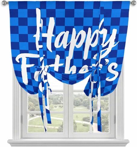 Happy Father's Day Tie Up Curtains for Window, Blue Checkered Plaid Thermal Insulated Balloon Shade Adjustable Rod Pocket Curtains Valance Panels for Kitchen Bathroom Café 42'' x 54'' in Saudi Arabia