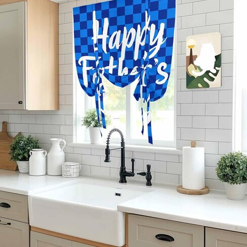 Happy Father's Day Tie Up Curtains for Window, Blue Checkered Plaid Thermal Insulated Balloon Shade Adjustable Rod Pocket Curtains Valance Panels for Kitchen Bathroom Café 42'' x 54'' in Saudi Arabia