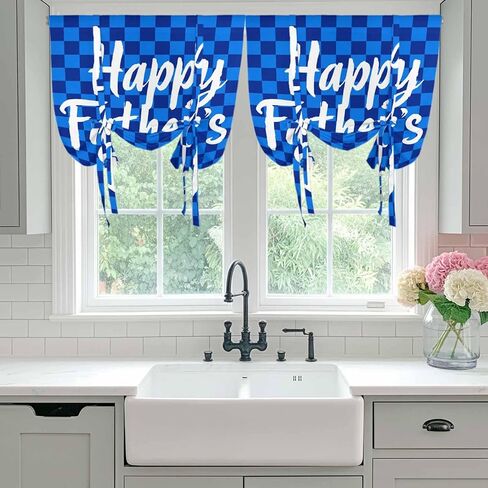Happy Father's Day Tie Up Curtains for Window, Blue Checkered Plaid Thermal Insulated Balloon Shade Adjustable Rod Pocket Curtains Valance Panels for Kitchen Bathroom Café 42'' x 54'' in Saudi Arabia
