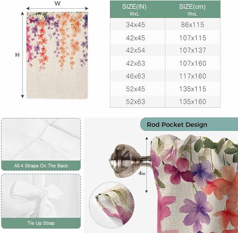 Spring Floral Tie Up Curtains for Window, Wildflower Beige Retro Garden Pastoral Thermal Insulated Balloon Shade Adjustable Rod Pocket Curtains Valance Panels for Kitchen Bathroom Café 42'' x 63'' in Saudi Arabia