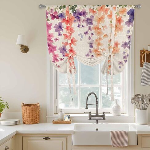 Spring Floral Tie Up Curtains for Window, Wildflower Beige Retro Garden Pastoral Thermal Insulated Balloon Shade Adjustable Rod Pocket Curtains Valance Panels for Kitchen Bathroom Café 42'' x 63'' in Saudi Arabia