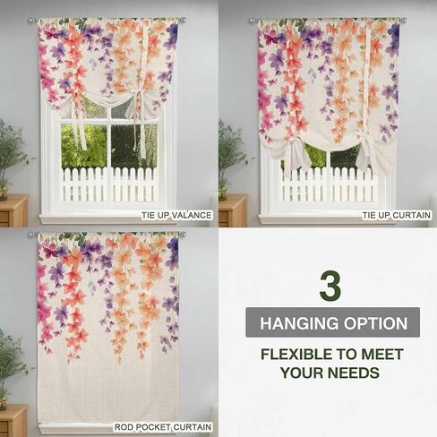 Spring Floral Tie Up Curtains for Window, Wildflower Beige Retro Garden Pastoral Thermal Insulated Balloon Shade Adjustable Rod Pocket Curtains Valance Panels for Kitchen Bathroom Café 42'' x 63'' in Saudi Arabia