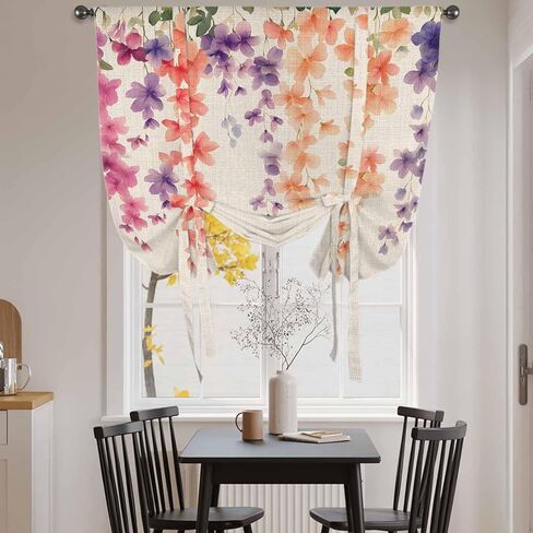 Spring Floral Tie Up Curtains for Window, Wildflower Beige Retro Garden Pastoral Thermal Insulated Balloon Shade Adjustable Rod Pocket Curtains Valance Panels for Kitchen Bathroom Café 42'' x 63'' in Saudi Arabia