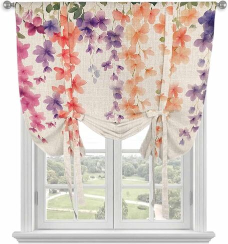 Spring Floral Tie Up Curtains for Window, Wildflower Beige Retro Garden Pastoral Thermal Insulated Balloon Shade Adjustable Rod Pocket Curtains Valance Panels for Kitchen Bathroom Café 42'' x 63'' in Saudi Arabia