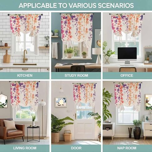 Spring Floral Tie Up Curtains for Window, Wildflower Beige Retro Garden Pastoral Thermal Insulated Balloon Shade Adjustable Rod Pocket Curtains Valance Panels for Kitchen Bathroom Café 42'' x 63'' in Saudi Arabia