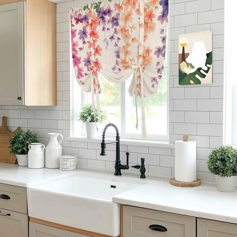 Spring Floral Tie Up Curtains for Window, Wildflower Beige Retro Garden Pastoral Thermal Insulated Balloon Shade Adjustable Rod Pocket Curtains Valance Panels for Kitchen Bathroom Café 42'' x 63'' in Saudi Arabia