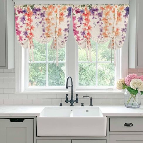 Spring Floral Tie Up Curtains for Window, Wildflower Beige Retro Garden Pastoral Thermal Insulated Balloon Shade Adjustable Rod Pocket Curtains Valance Panels for Kitchen Bathroom Café 42'' x 63'' in Saudi Arabia