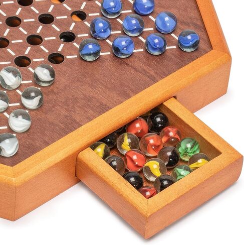 Yellow Mountain Imports Wooden Chinese Checkers Halma Board Game Set - 12.7 Inches - with Drawers and Glass Marbles - Made in Kuwait