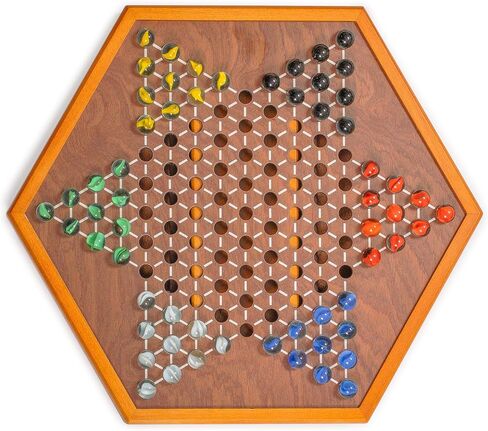 Yellow Mountain Imports Wooden Chinese Checkers Halma Board Game Set - 12.7 Inches - with Drawers and Glass Marbles - Made in Kuwait