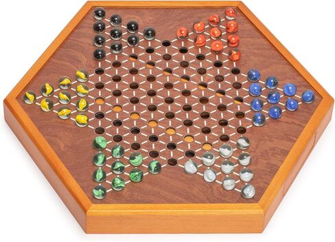 Yellow Mountain Imports Wooden Chinese Checkers Halma Board Game Set - 12.7 Inches - with Drawers and Glass Marbles - Made in Kuwait
