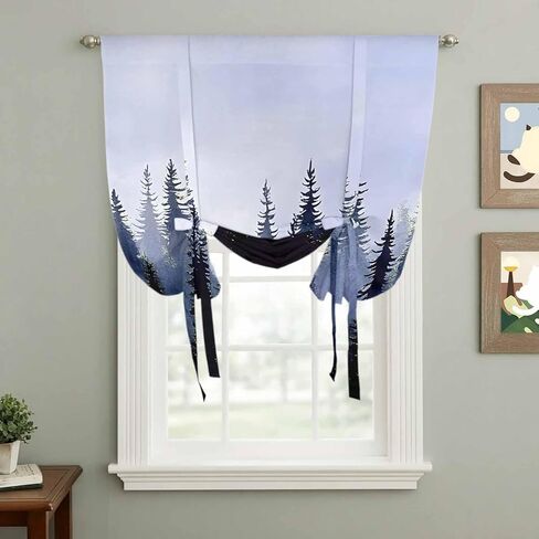 Forest Tie Up Curtains for Window, Blue Purple Trees Landscape Retro Watercolor Thermal Insulated Balloon Shade Adjustable Rod Pocket Curtains Valance Panels for Kitchen Bathroom Café 46'' x 63'' in Saudi Arabia