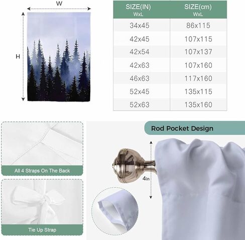 Forest Tie Up Curtains for Window, Blue Purple Trees Landscape Retro Watercolor Thermal Insulated Balloon Shade Adjustable Rod Pocket Curtains Valance Panels for Kitchen Bathroom Café 46'' x 63'' in Saudi Arabia