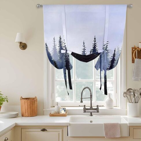 Forest Tie Up Curtains for Window, Blue Purple Trees Landscape Retro Watercolor Thermal Insulated Balloon Shade Adjustable Rod Pocket Curtains Valance Panels for Kitchen Bathroom Café 46'' x 63'' in Saudi Arabia