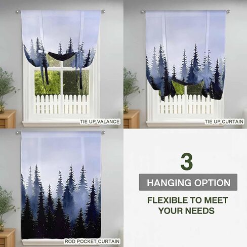 Forest Tie Up Curtains for Window, Blue Purple Trees Landscape Retro Watercolor Thermal Insulated Balloon Shade Adjustable Rod Pocket Curtains Valance Panels for Kitchen Bathroom Café 46'' x 63'' in Saudi Arabia