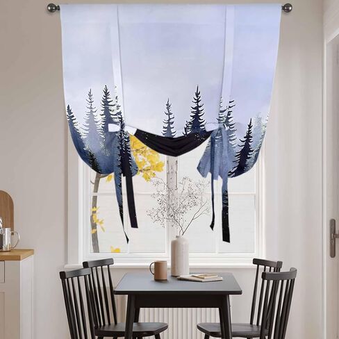 Forest Tie Up Curtains for Window, Blue Purple Trees Landscape Retro Watercolor Thermal Insulated Balloon Shade Adjustable Rod Pocket Curtains Valance Panels for Kitchen Bathroom Café 46'' x 63'' in Saudi Arabia