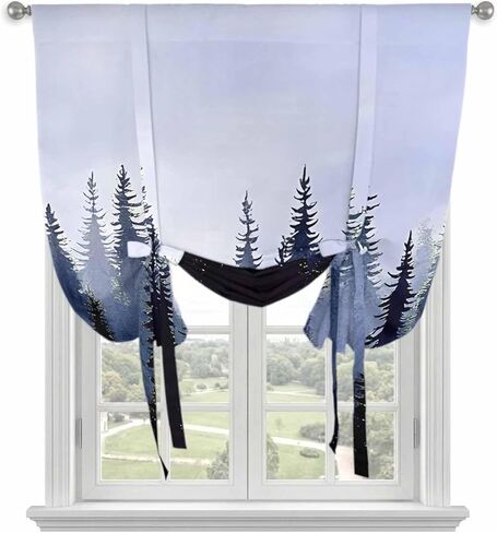 Forest Tie Up Curtains for Window, Blue Purple Trees Landscape Retro Watercolor Thermal Insulated Balloon Shade Adjustable Rod Pocket Curtains Valance Panels for Kitchen Bathroom Café 46'' x 63'' in Saudi Arabia