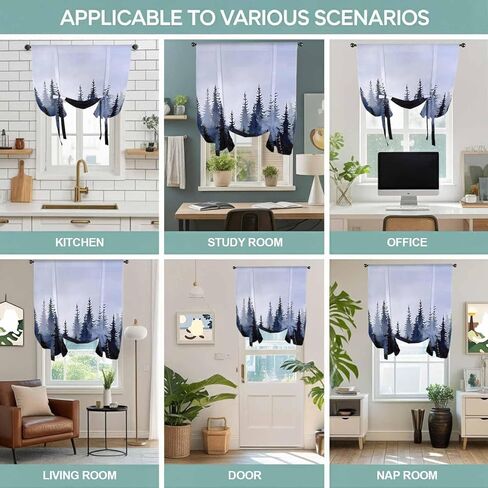 Forest Tie Up Curtains for Window, Blue Purple Trees Landscape Retro Watercolor Thermal Insulated Balloon Shade Adjustable Rod Pocket Curtains Valance Panels for Kitchen Bathroom Café 46'' x 63'' in Saudi Arabia