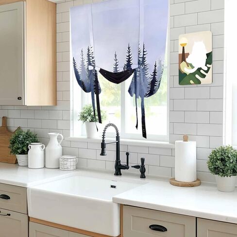 Forest Tie Up Curtains for Window, Blue Purple Trees Landscape Retro Watercolor Thermal Insulated Balloon Shade Adjustable Rod Pocket Curtains Valance Panels for Kitchen Bathroom Café 46'' x 63'' in Saudi Arabia
