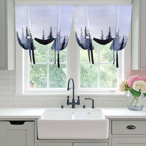 Forest Tie Up Curtains for Window, Blue Purple Trees Landscape Retro Watercolor Thermal Insulated Balloon Shade Adjustable Rod Pocket Curtains Valance Panels for Kitchen Bathroom Café 46'' x 63'' in Saudi Arabia