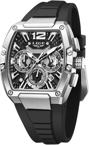 LIGE Men's Watch Skeleton Tonneau Square Chronograph Stainless Steel Quartz Analog Watches Waterproof Luminous Date Silicone Strap Durable Fashion Casual Business Dress Wrist Watch in Kuwait