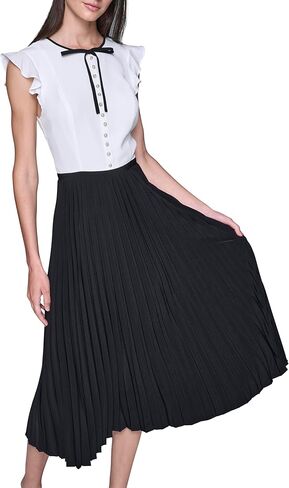 Karl Lagerfeld Women's Bow Neck Tie Pleated Skirt Silky Crepe Midi Dress with Button Detail in Saudi Arabia