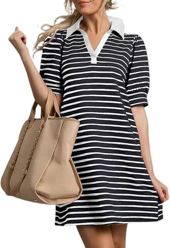 Women's 2026 Summer Casual Striped T Shirt Mini Dress Lapel V Neck Puff Short Sleeve Beach Vacation A-Line Dress in Saudi Arabia