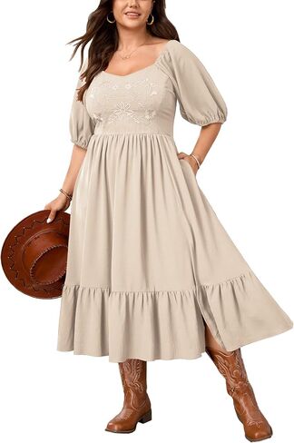 SCOMCHIC Women's Plus Size Midi Dresses Short Sleeve Floral Embroidered Smocked Ruffle Split Summer Western Boho Dress in Saudi Arabia