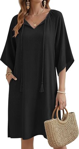 Zeagoo Womens Casual Beach Summer Dress Boho Cover Up Tassel Tie V Neck 3/4 Long Sleeve Mini Sundress 2026 Floral Print in Saudi Arabia