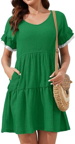 فستان بيبي دول صيفي كاجوال للسيدات من Alaster Queen 2026 برقبة على شكل V وطبقات مكشكشة وخصر مرن مع جيب in Kuwait